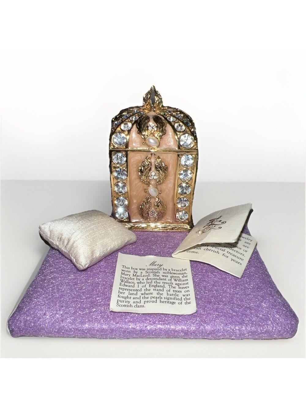 Wendy Reed Enameled Jewelry Trinket Box Gold w/ Swarovski Crystals & Pillow